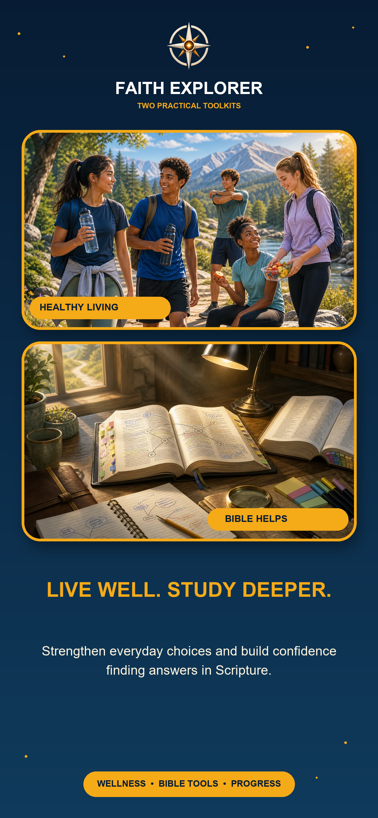 Faith Explorer promotional artwork: Live well. Study deeper.