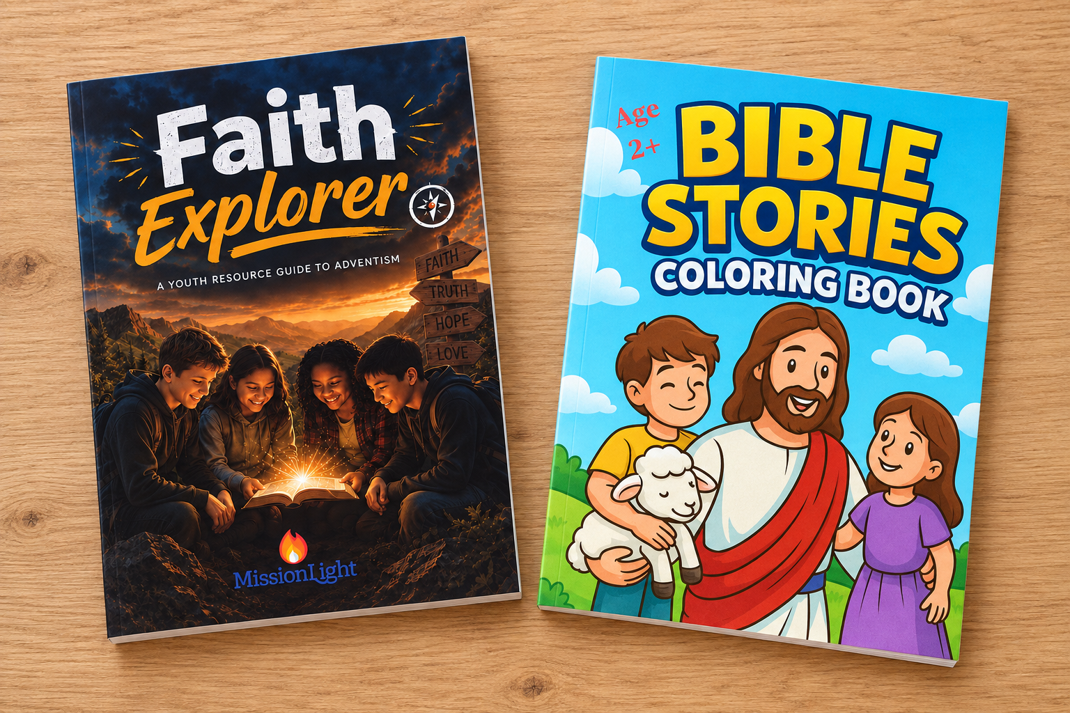 Styled overhead preview of Faith Explorer and Bible Stories Coloring Book on a wooden table